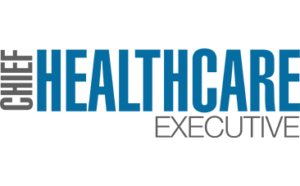 Chief Healthcare Executive blue and black font logo