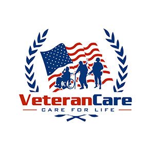 Veteran Care logo with an American flag and 3 vets