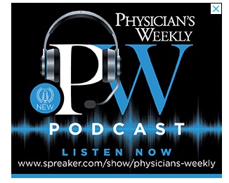 Physician's Weekly Podcast black, blue, white logo