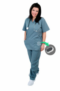 Female nurse smiles with a remote patient monitoring device in her pocket